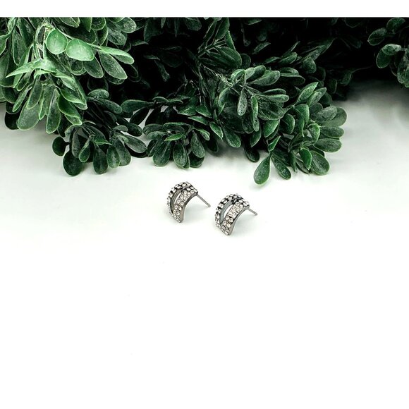 Vintage Crystal Pave Curved Half Hoop Stud Earrings Silver Tone - Picture 3 of 4